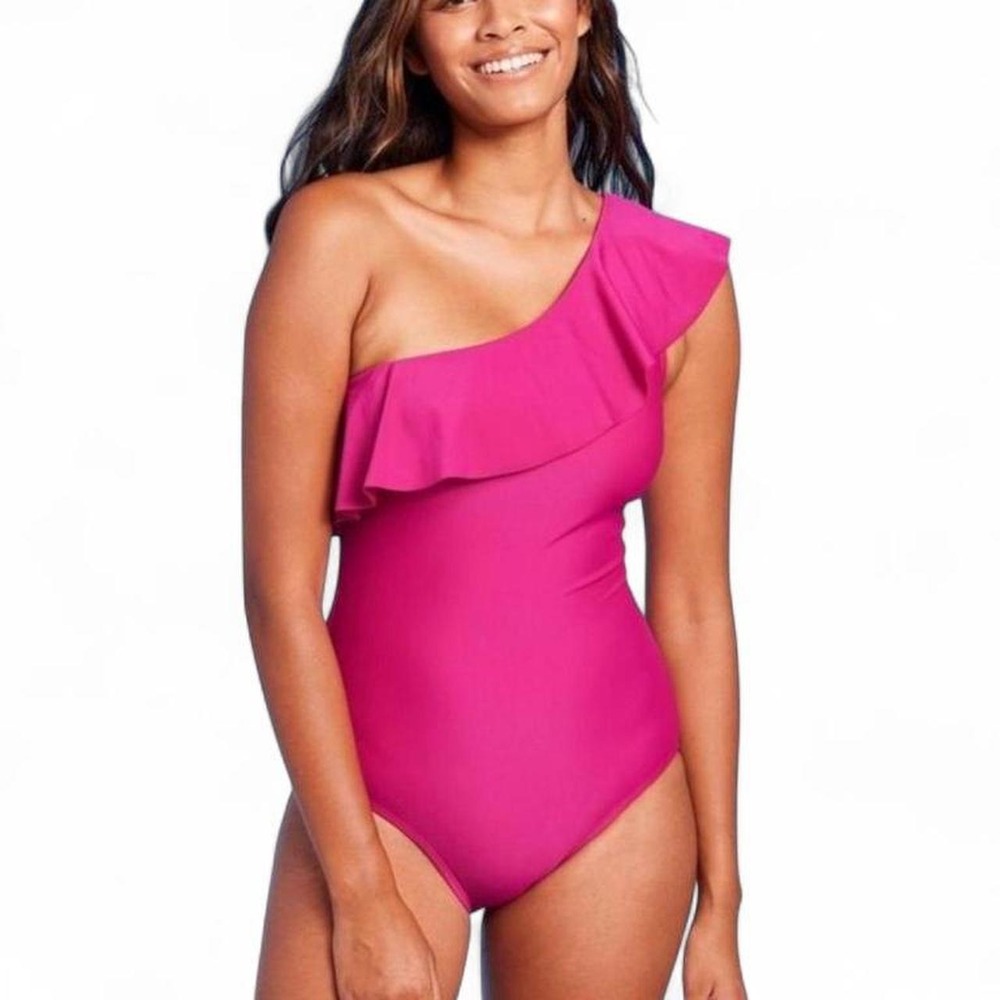 Kona Sol Hot pink one shoulder swimsuit with ruffle detail, high leg cut